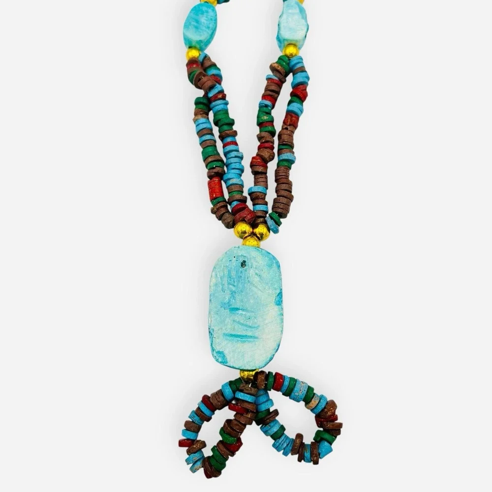 Vintage Egyptian Revival Scarab Necklace Carved Beetle Turquoise‎ Faience Magnet